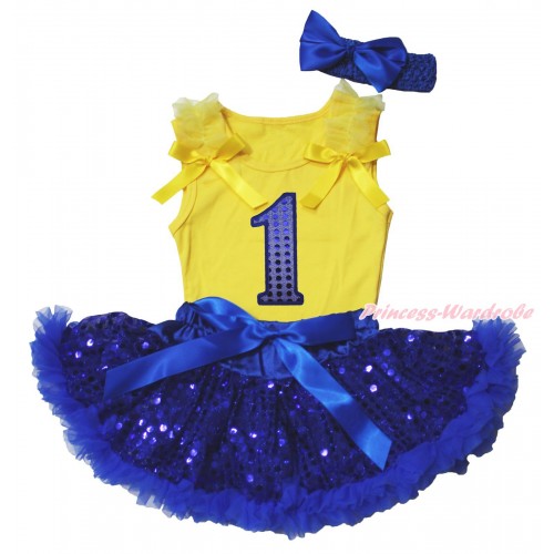 Yellow Baby Pettitop & Ruffles & Bows & 1st Sparkle Royal Blue Birthday Number Print & Royal Blue Bling Sequins Newborn Pettiskirt NG1880