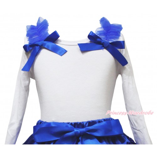 White Long Sleeves Top with Royal Blue Ruffles & Royal Blue Bow T281 