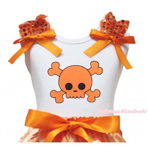 Halloween White Tank Top Orange Sequins Ruffles Orange Bow & Orange Skeleton Print TB1324