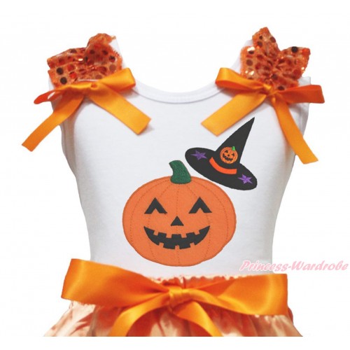 Halloween White Tank Top Orange Sequins Ruffles Orange Bow & Pumpkin Witch Hat & Pumpkin Print TB1325