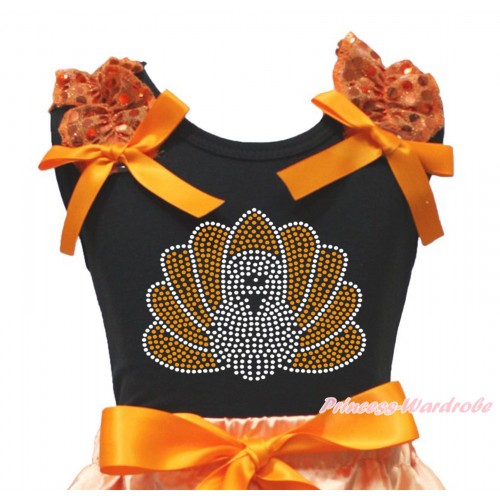 Thanksgiving Black Tank Top Orange Sequins Ruffles Orange Bow & Sparkle Rhinestone Turkey Print TB1330