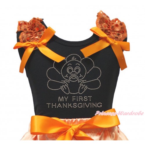 Thanksgiving Black Tank Top Orange Sequins Ruffles Orange Bow & Sparkle Rhinestone Baby Turkey Print TB1331