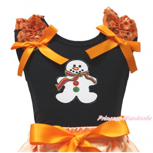 Xmas Black Tank Top Orange Sequins Ruffles Orange Bow & Christmas Gingerbread Snowman Print TB1354