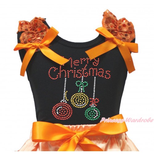 Xmas Black Tank Top Orange Sequins Ruffles Orange Bow & Sparkle Rhinestone Christmas Lights Print TB1355