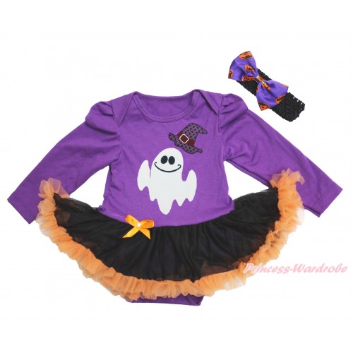 Halloween Dark Purple Long Sleeve Bodysuit Black Orange Pettiskirt & Sparkle Hat White Ghost Print JS4752