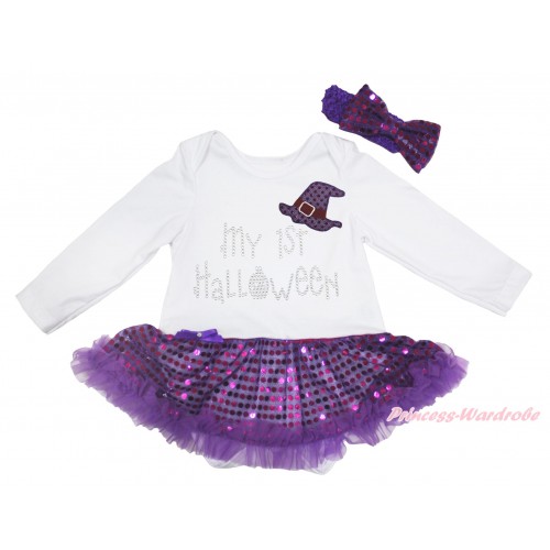 Halloween White Long Sleeve Bodysuit Bling Dark Purple Sequins Pettiskirt & Sparkle Hat Rhinestone My 1st Halloween Print JS4754