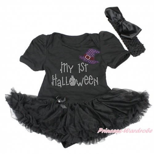 Halloween Black Baby Bodysuit Pettiskirt & Sparkle Hat Rhinestone My 1st Halloween Print JS4755