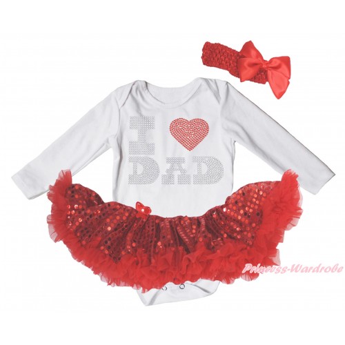 Father's Day White Long Sleeve Bodysuit Bling Red Sequins Pettiskirt & Sparkle Rhinestone I Love Dad Print JS4811