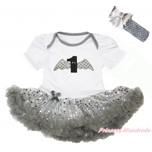 White Baby Bodysuit Bling Grey Sequins Pettiskirt & 1st Angel Birthday Number Print JS4815