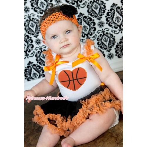 White Baby Pettitop Orange Ruffles & Bows & Basketball Heart Print & Black Orange Newborn Pettiskirt NG1836