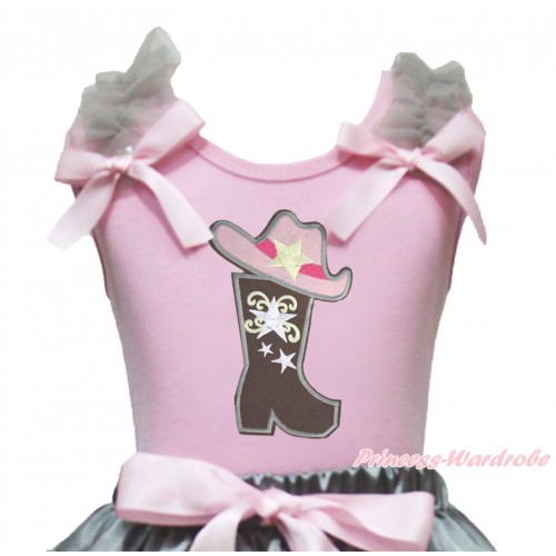 Light Pink Tank Top Grey Ruffles Light Pink Bow & Cowgirl Hat Boot Print TB1314