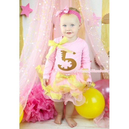Light Pink Top Sparkle Gold Bows & 5th Sparkle Gold Birthday Number Painting & Light Pink Sparkle Gold Trimmed Pettiskirt MG1838
