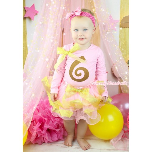 Light Pink Top Sparkle Gold Bows & 6th Sparkle Gold Birthday Number Painting & Light Pink Sparkle Gold Trimmed Pettiskirt MG1839