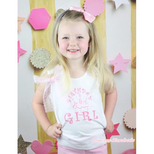 White Tank Top Light Pink Lace Bow & Birthday Girl Print TB1301