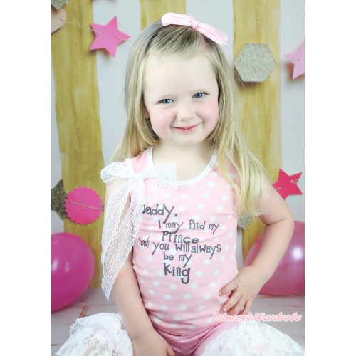 Father's Day Light Pink White Dots Tank Top White Lace Bow & Daddy Always Be My King Print TB1302