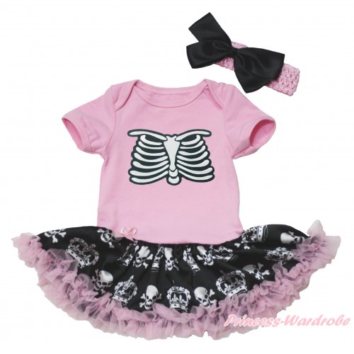 Halloween Light Pink Baby Bodysuit Black Crown Skeleton Pettiskirt & Skeleton Rib Print JS4760