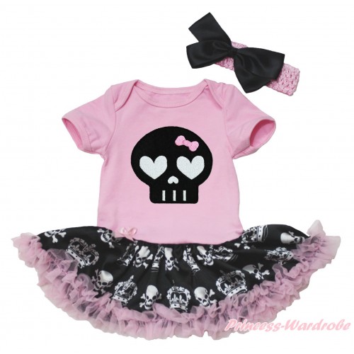 Halloween Light Pink Baby Bodysuit Black Crown Skeleton Pettiskirt & Black Skeleton Print JS4761