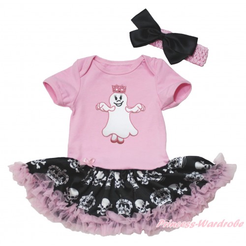 Halloween Light Pink Baby Bodysuit Black Crown Skeleton Pettiskirt & Princess Ghost Print JS4762