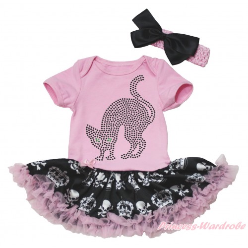 Halloween Light Pink Baby Bodysuit Black Crown Skeleton Pettiskirt & Sparkle Rhinestone Black Cat Print JS4763