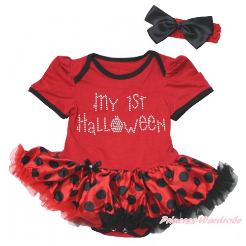 Halloween Red Baby Bodysuit Red Black Dots Pettiskirt & Sparkle Rhinestone My 1st Halloween Print JS4767