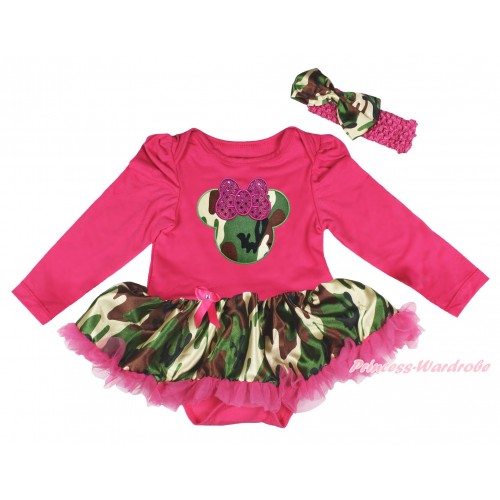 Hot Pink Long Sleeve Bodysuit Camouflage Pettiskirt & Sparkle Hot Pink Camouflage Minnie Print JS4828