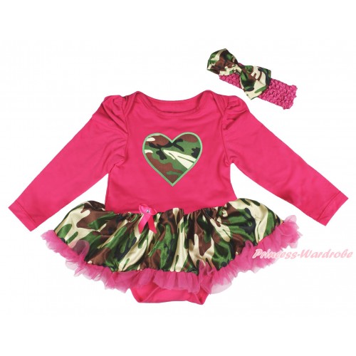 Valentine's Day Hot Pink Long Sleeve Bodysuit Camouflage Pettiskirt & Camouflage Heart Print JS4829