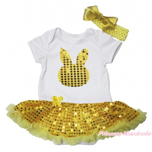 Easter White Baby Bodysuit Bling Yellow Sequins Pettiskirt & Gold Sequins Rabbit Print JS4843