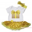 White Baby Bodysuit Bling Yellow Sequins Pettiskirt & Sparkle Gold Bow Birthday Gift Print JS4844