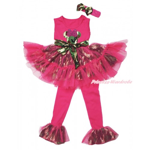 Hot Pink Camouflage Tutu Ruffles Tank Top & Sparkle Hot Pink Camouflage Minnie Print & Pant Set & Hot Pink Headband Camouflage Satin Bow P056