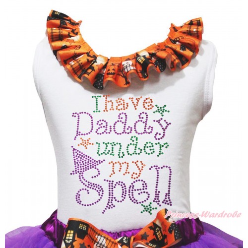 Halloween White Tank Top Witch Pumpkin Ghost Lacing & Sparkle Rhinestone I Have Daddy Under My Spell Print TB1320