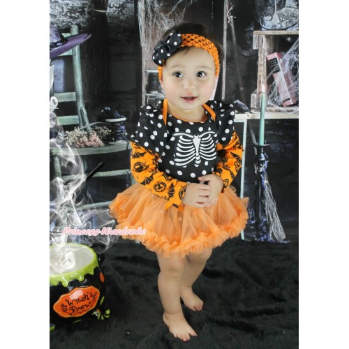Halloween Max Style Long Sleeve Black White Dots Baby Bodysuit Orange Pettiskirt & Skeleton Rib Print JS4786