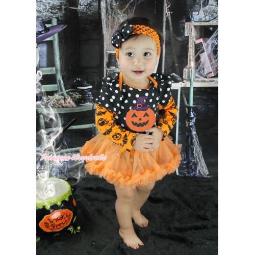 Halloween Max Style Long Sleeve Black White Dots Baby Bodysuit Orange Pettiskirt & Sparkle Hat Pumpkin Print JS4787