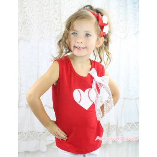 Red Tank Top White Lace Bow & Baseball Heart Print TB1362