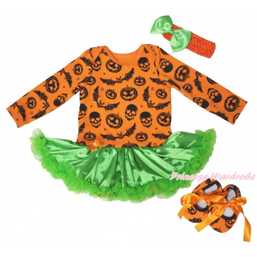 Halloween Pumpkin Bat Skeleton Long Sleeve Baby Bodysuit Green Satin Pettiskirt & Headband & Shoes JS4793