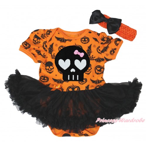 Halloween Pumpkin Bat Skeleton Baby Bodysuit Black Pettiskirt & Black Skeleton Print JS4801