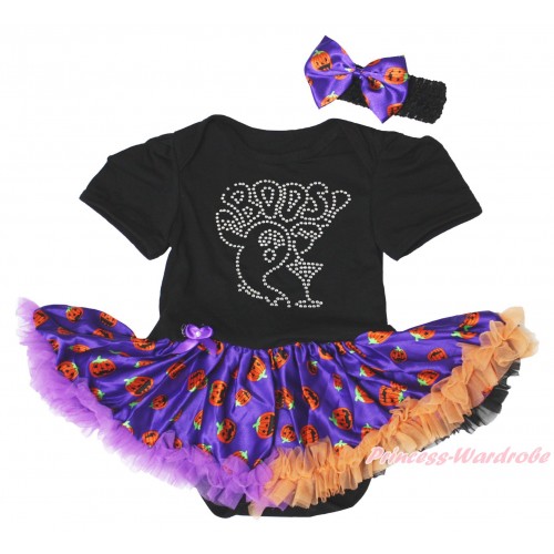 Halloween Black Baby Bodysuit Purple Pumpkin Pettiskirt & Sparkle Rhinestone BOOS! Print JS4805