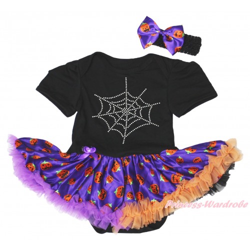 Halloween Black Baby Bodysuit Purple Pumpkin Pettiskirt & Sparkle Rhinestone Spider Web Print JS4806