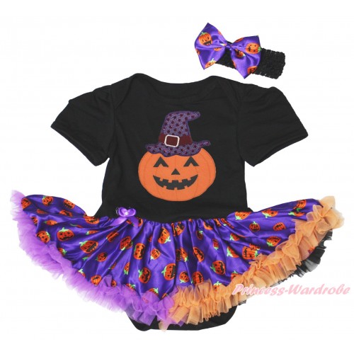 Halloween Black Baby Bodysuit Purple Pumpkin Pettiskirt & Sparkle Hat Pumpkin Print JS4807