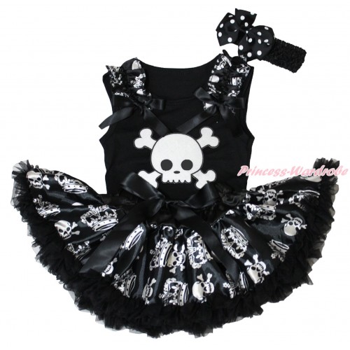 Halloween Black Baby Pettitop Crown Skeleton Ruffles Black Bows & White Skeleton Print & Black Crown Skeleton Newborn Pettiskirt NG1864