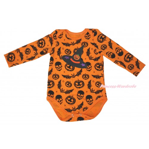 Halloween Pumpkin Bat Skeleton Baby Jumpsuit & Pumpkni Witch Hat Print TH631