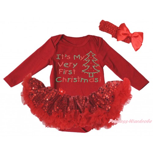 Christmas Red Long Sleeve Bodysuit Bling Red Sequins Pettiskirt & Sparkle Rhinestone It's My Very First Christmas Print JS4864