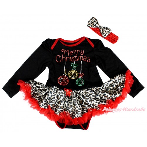 Christmas Black Long Sleeve Bodysuit Leopard Red Pettiskirt & Sparkle Rhinestone Christmas Lights Print JS4875