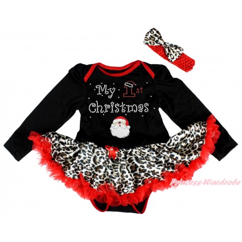 Christmas Black Long Sleeve Bodysuit Leopard Red Pettiskirt & Sparkle Rhinestone My 1st Christmas Santa Claus Print JS4876