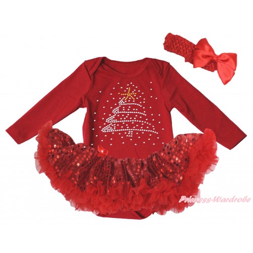 Christmas Red Long Sleeve Bodysuit Bling Red Sequins Pettiskirt & Sparkle Rhinestone Christmas Tree Print JS4880