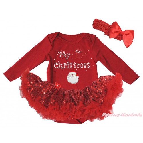 Christmas Red Long Sleeve Bodysuit Bling Red Sequins Pettiskirt & Sparkle Rhinestone My 1st Christmas Santa Claus Print JS4881
