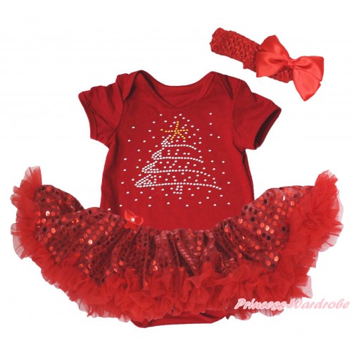 Christmas Red Baby Bodysuit Bling Red Sequins Pettiskirt & Sparkle Rhinestone Christmas Tree Print JS4894