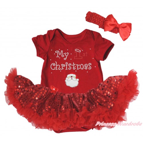 Christmas Red Baby Bodysuit Bling Red Sequins Pettiskirt & Sparkle Rhinestone My 1st Christmas Santa Claus Print JS4895