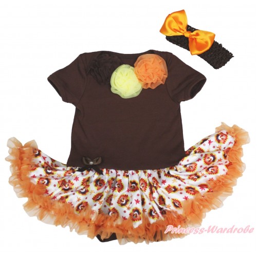 Thanksgiving Brown Baby Bodysuit Turkey Orange Pettiskirt & Brown Yellow Orange Rosettes JS4900
