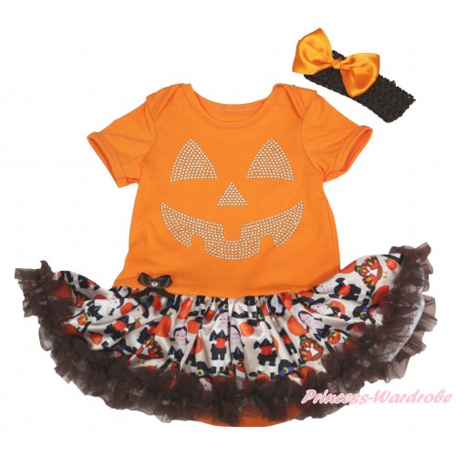 Halloween Orange Baby Bodysuit Turkey Pumpkin Pettiskirt & Sparkle Rhinestone Pumpkin Face Print JS4901
