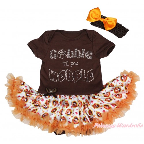 Thanksgiving Brown Baby Bodysuit Turkey Orange Pettiskirt & Sparkle Rhinestone Gobble Till You Wobble Print JS4903